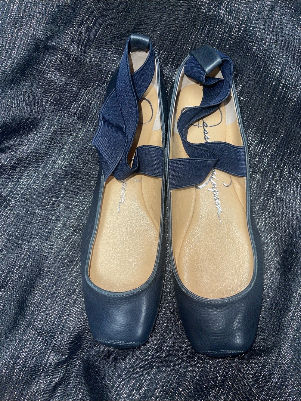 Navy Leather Square-Toe Ballet Flats with Ribbon Strap - Picture 2 of 4